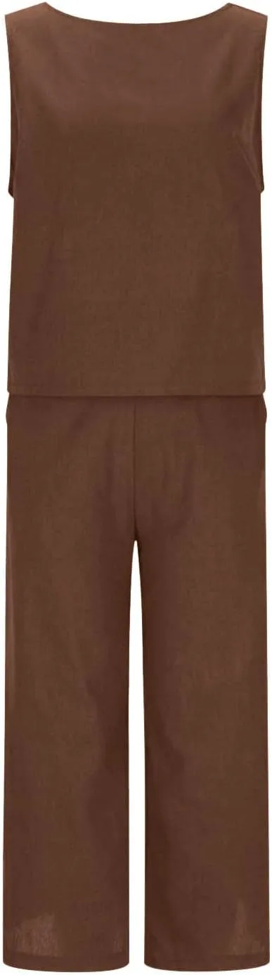 Womens Cotton Linen 2 Piece Outfits Sleeveless Crop Tank Tops Wide Leg Pants Set Casual Beach Travel Sets