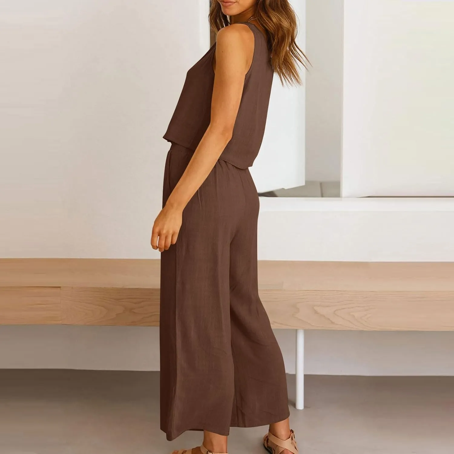 Womens Cotton Linen 2 Piece Outfits Sleeveless Crop Tank Tops Wide Leg Pants Set Casual Beach Travel Sets