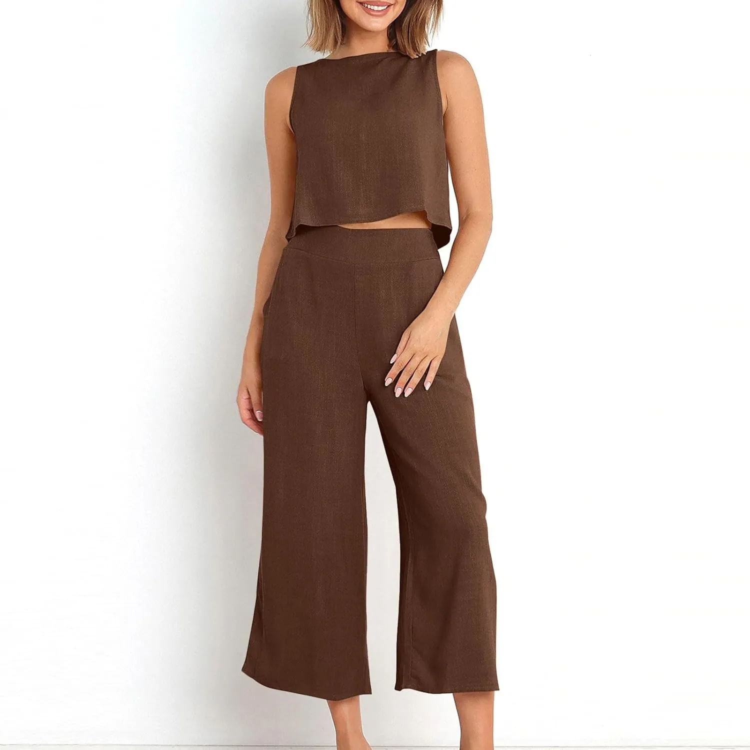 Womens Cotton Linen 2 Piece Outfits Sleeveless Crop Tank Tops Wide Leg Pants Set Casual Beach Travel Sets