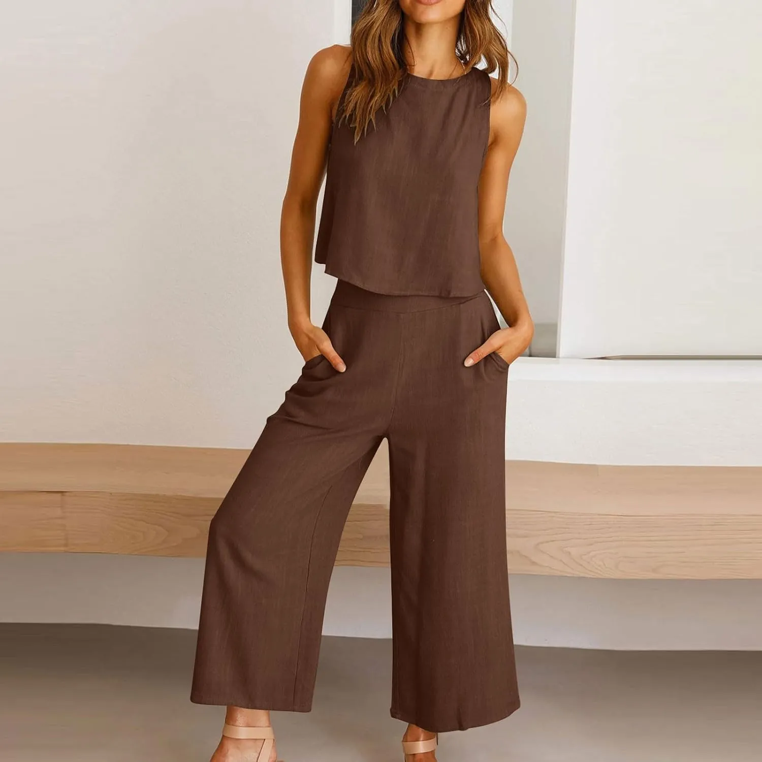 Womens Cotton Linen 2 Piece Outfits Sleeveless Crop Tank Tops Wide Leg Pants Set Casual Beach Travel Sets