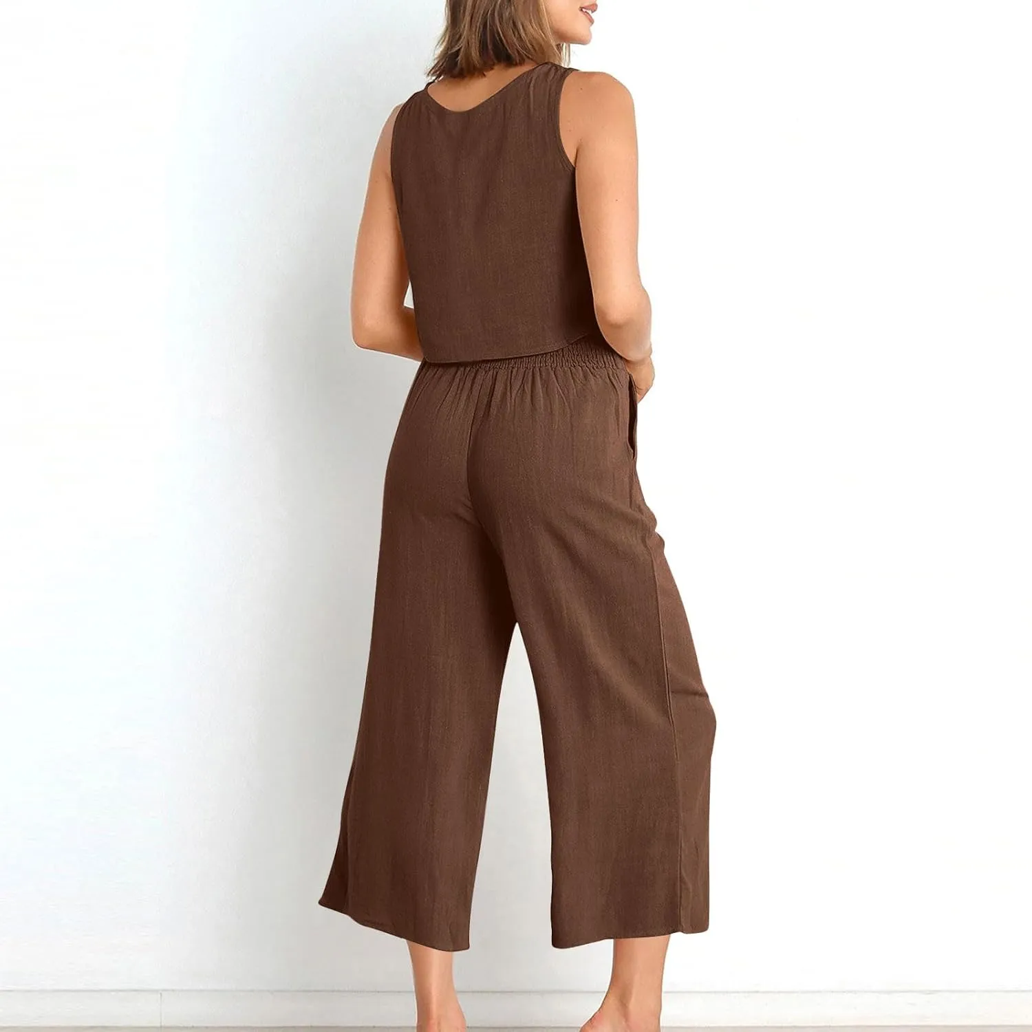 Womens Cotton Linen 2 Piece Outfits Sleeveless Crop Tank Tops Wide Leg Pants Set Casual Beach Travel Sets