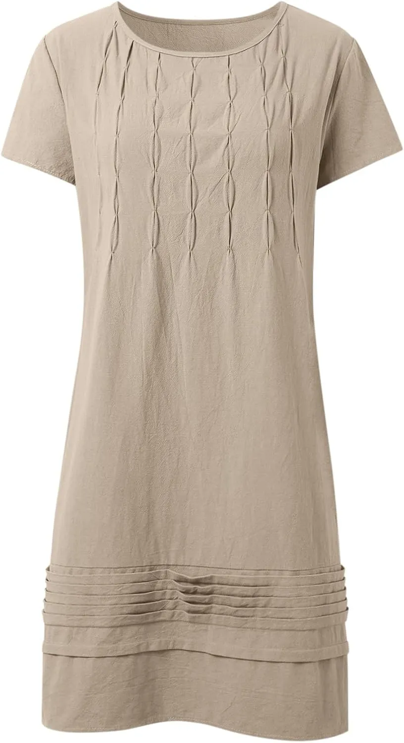 Women's Cotton Linen Midi Dress Plus Size Cap Sleeve Pleated Summer Dresses Vacation 2025 Crew Neck Casual Dress for Women