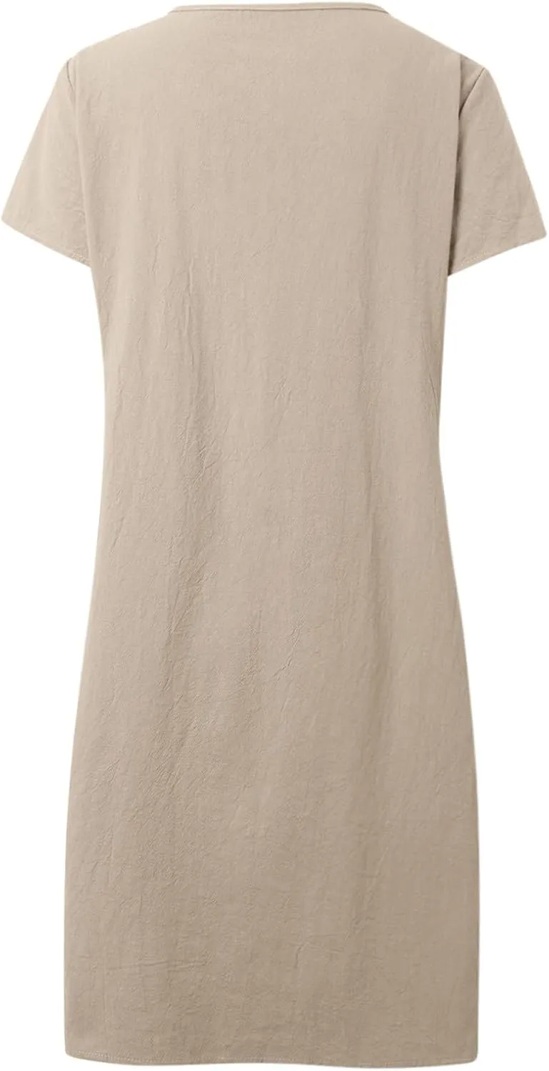 Women's Cotton Linen Midi Dress Plus Size Cap Sleeve Pleated Summer Dresses Vacation 2025 Crew Neck Casual Dress for Women