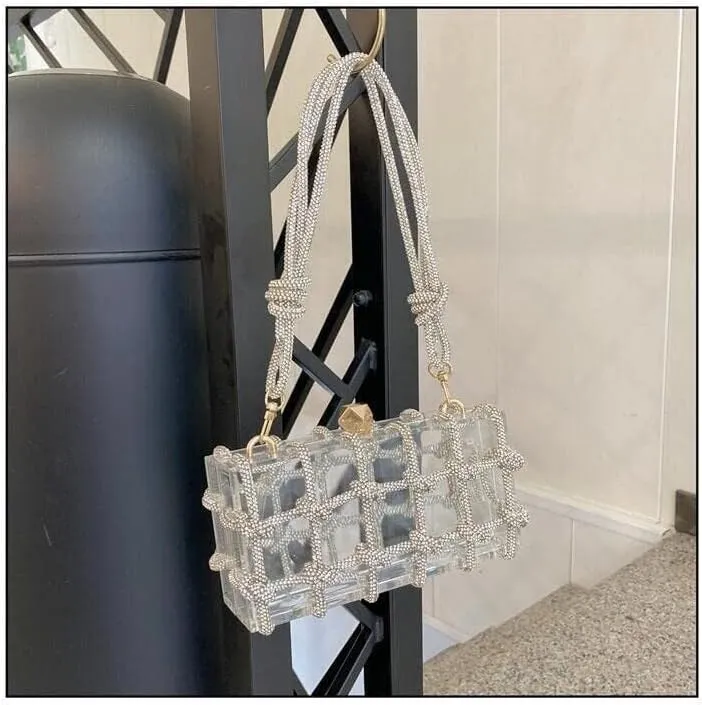 Women's Crossbody Bags Acrylic Evening Clear Shoulder Rhinestone Clutch Purses Drawstring Box Handbag for Party Wedding Prom