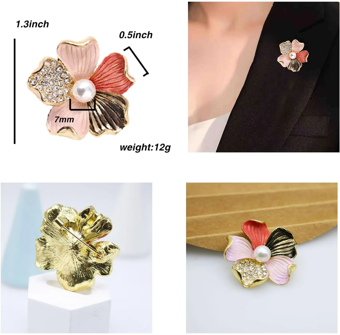 Women's Crystal Pearl Flower Brooches Elegant Enamel Rhinestone Floral Statement Brooch Pins Fashion Jewelry Accessories for Women Gift Gold