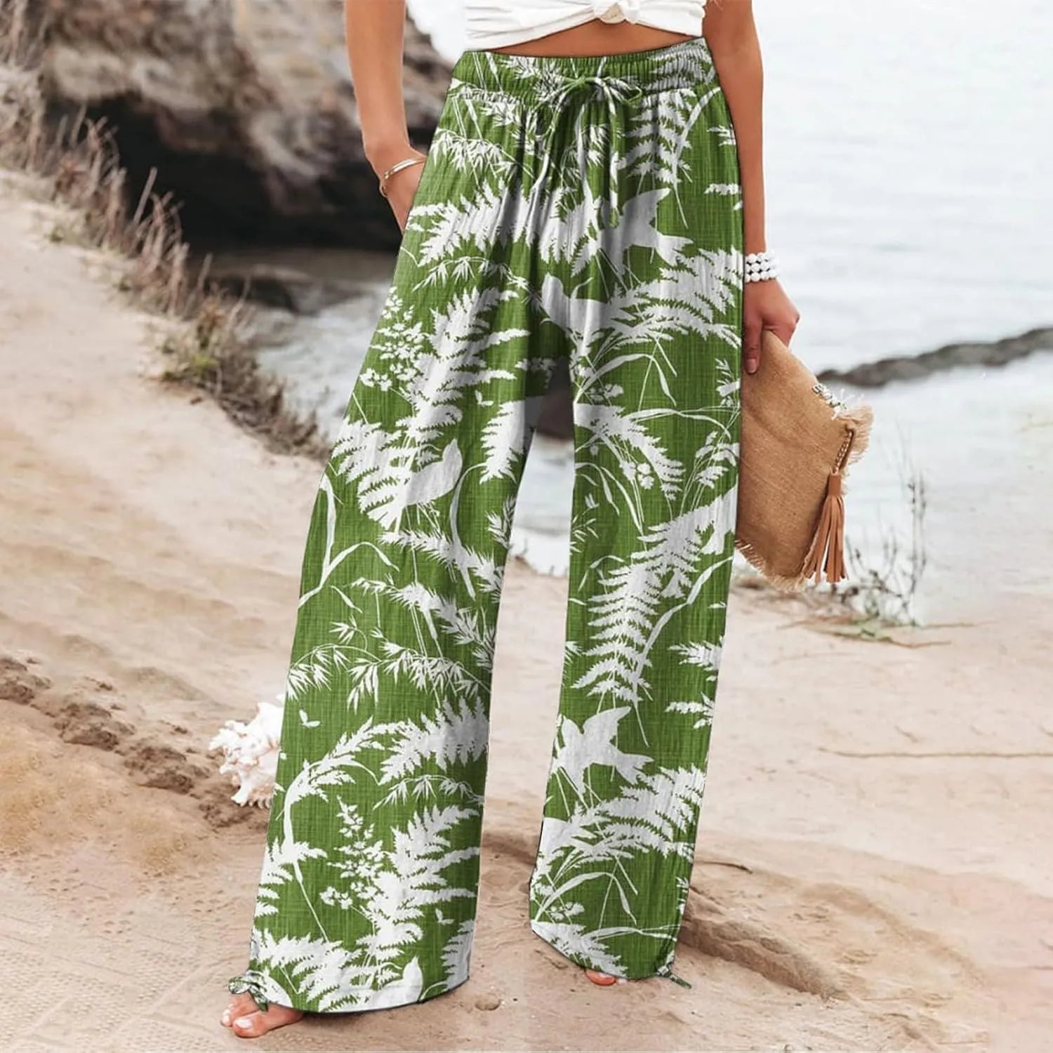 Womens Elastic High Waisted Pants Womens Cotton Casual Loose Pants Comfy Work Pants with Pockets Elastic High Waist