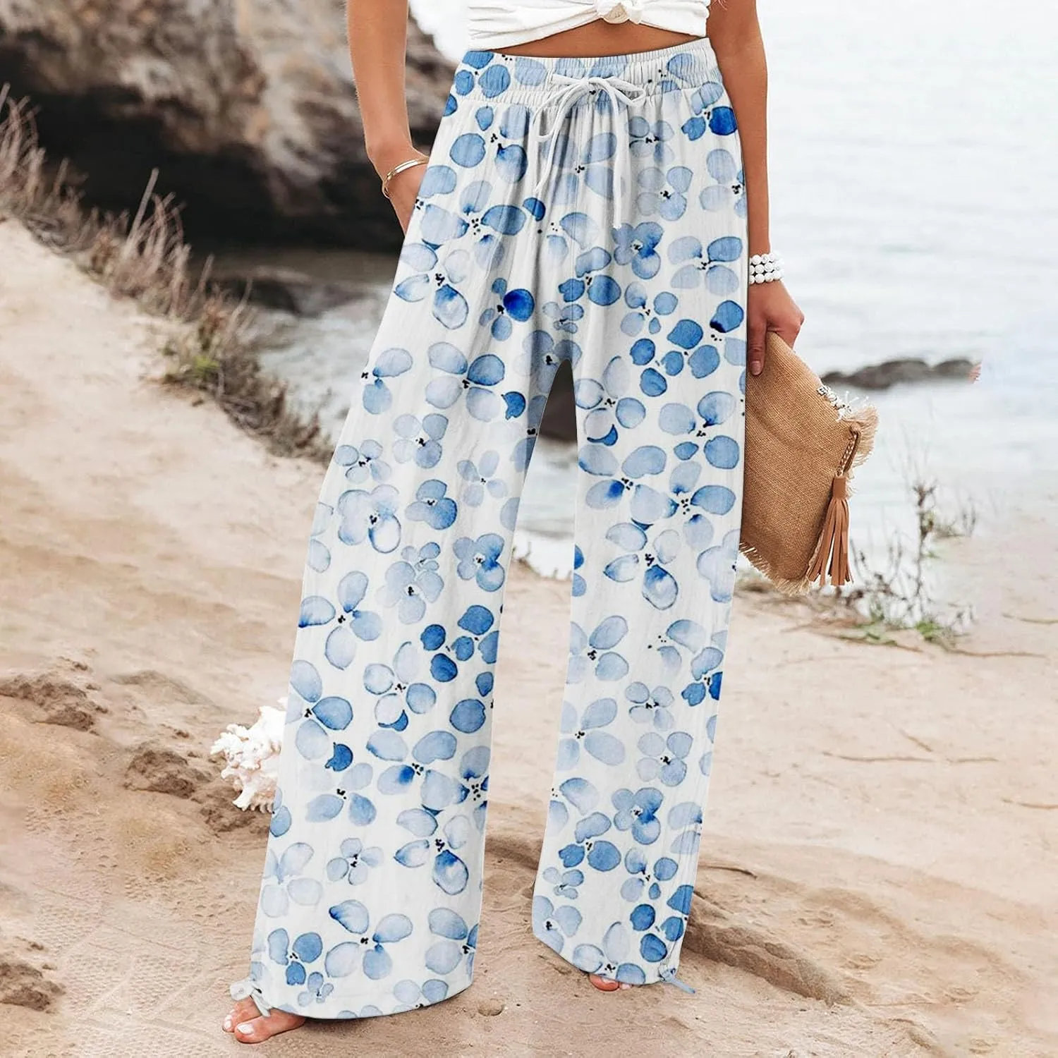 Womens Elastic High Waisted Pants Womens Cotton Casual Loose Pants Comfy Work Pants with Pockets Elastic High Waist