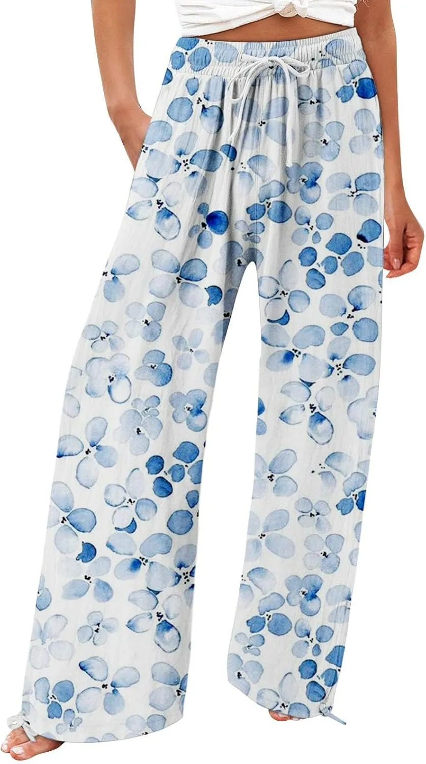Womens Elastic High Waisted Pants Womens Cotton Casual Loose Pants Comfy Work Pants with Pockets Elastic High Waist