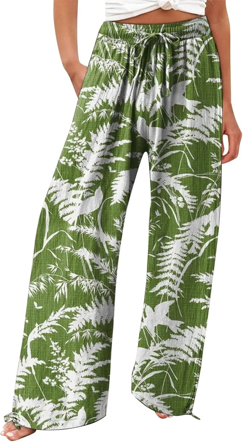 Womens Elastic High Waisted Pants Womens Cotton Casual Loose Pants Comfy Work Pants with Pockets Elastic High Waist