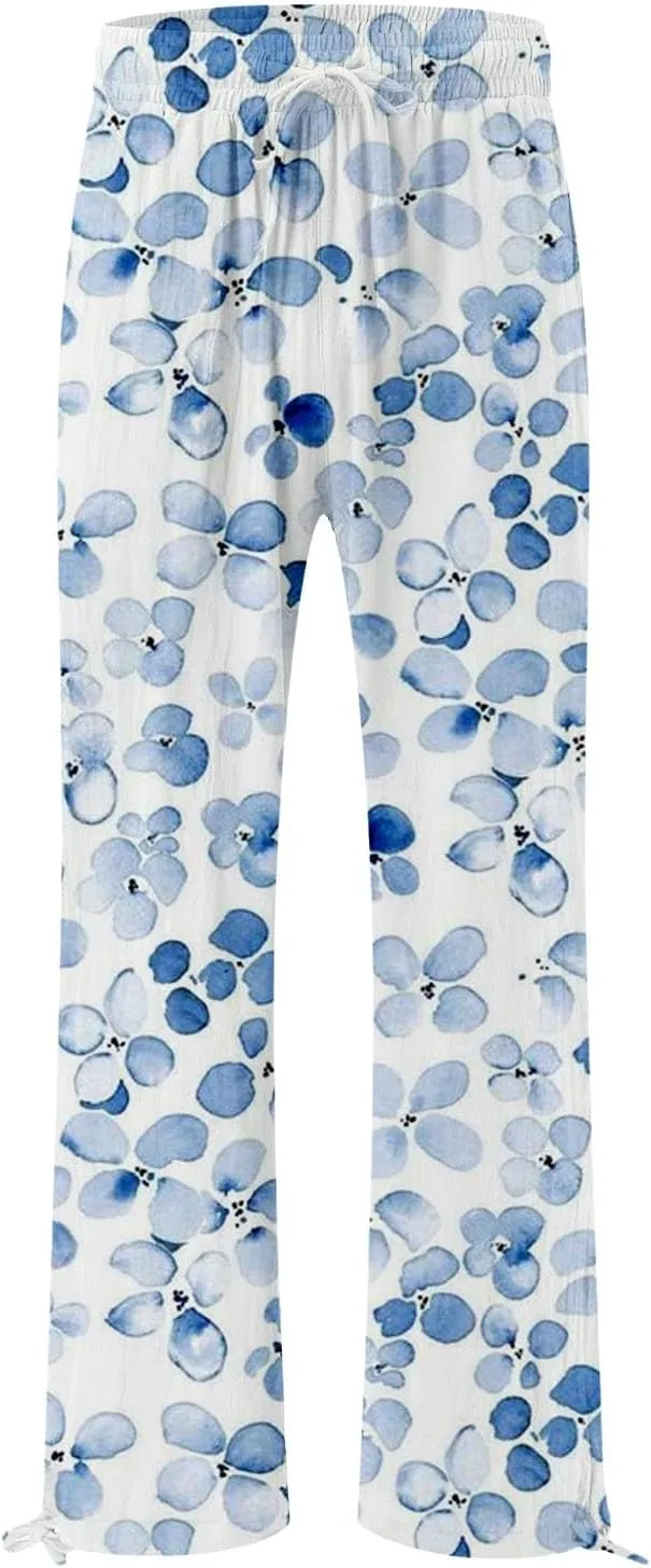 Womens Elastic High Waisted Pants Womens Cotton Casual Loose Pants Comfy Work Pants with Pockets Elastic High Waist