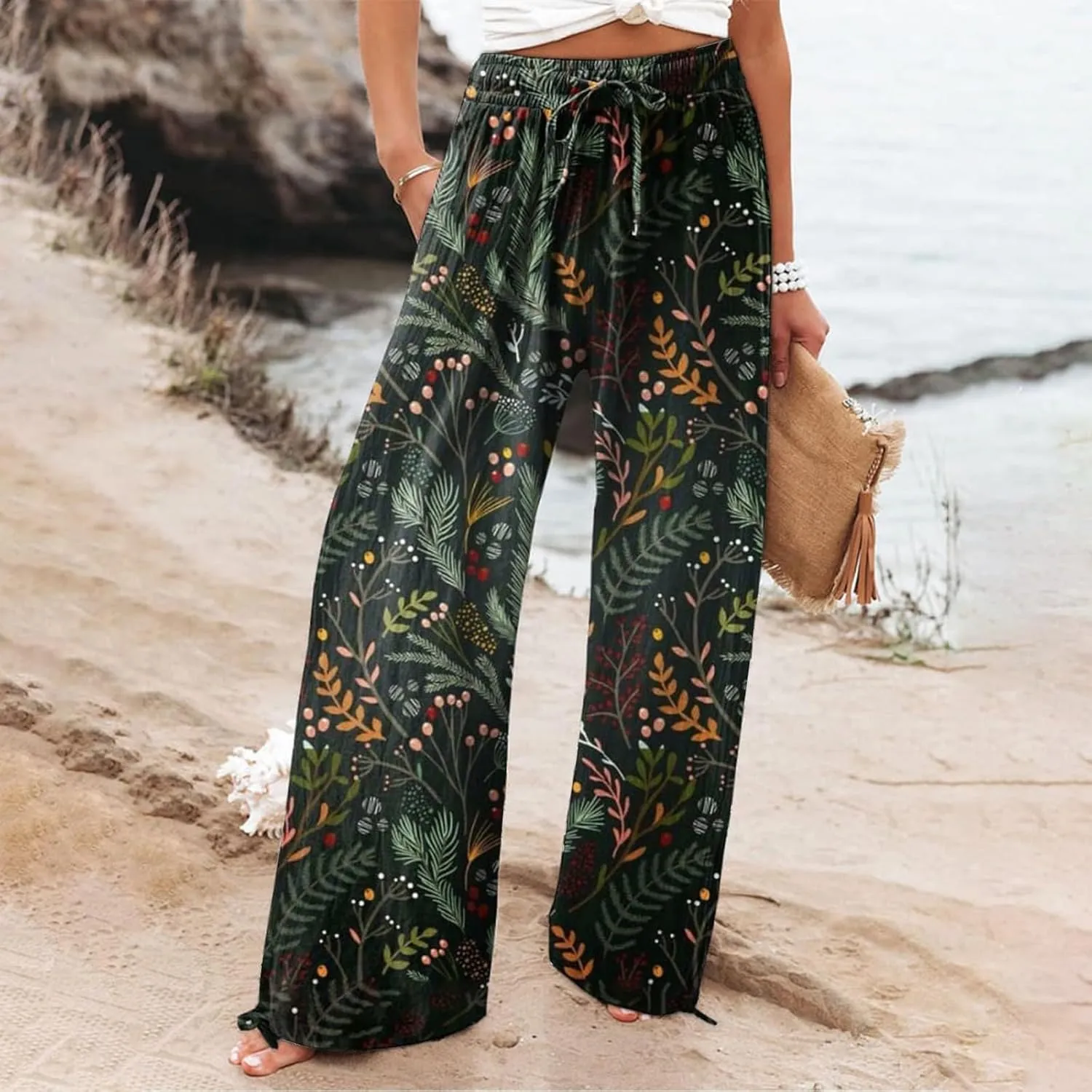 Womens Elastic High Waisted Pants Womens Cotton Casual Loose Pants Comfy Work Pants with Pockets Elastic High Waist