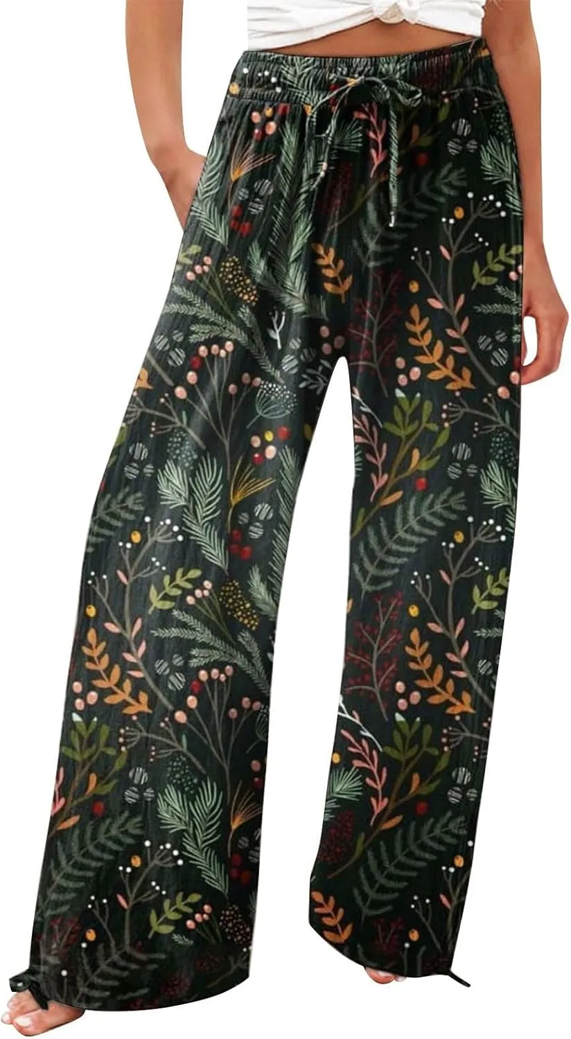 Womens Elastic High Waisted Pants Womens Cotton Casual Loose Pants Comfy Work Pants with Pockets Elastic High Waist