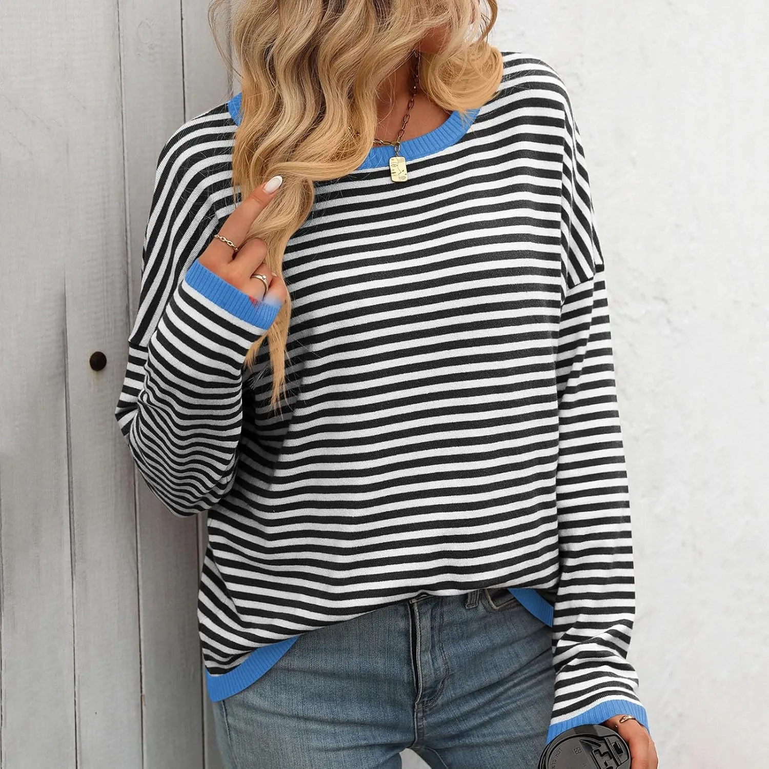 Womens Fall Long Sleeve Striped Color Block Chunky Sweater Plus Size Fall Fashion Lantern Sleeve Blouse Tops