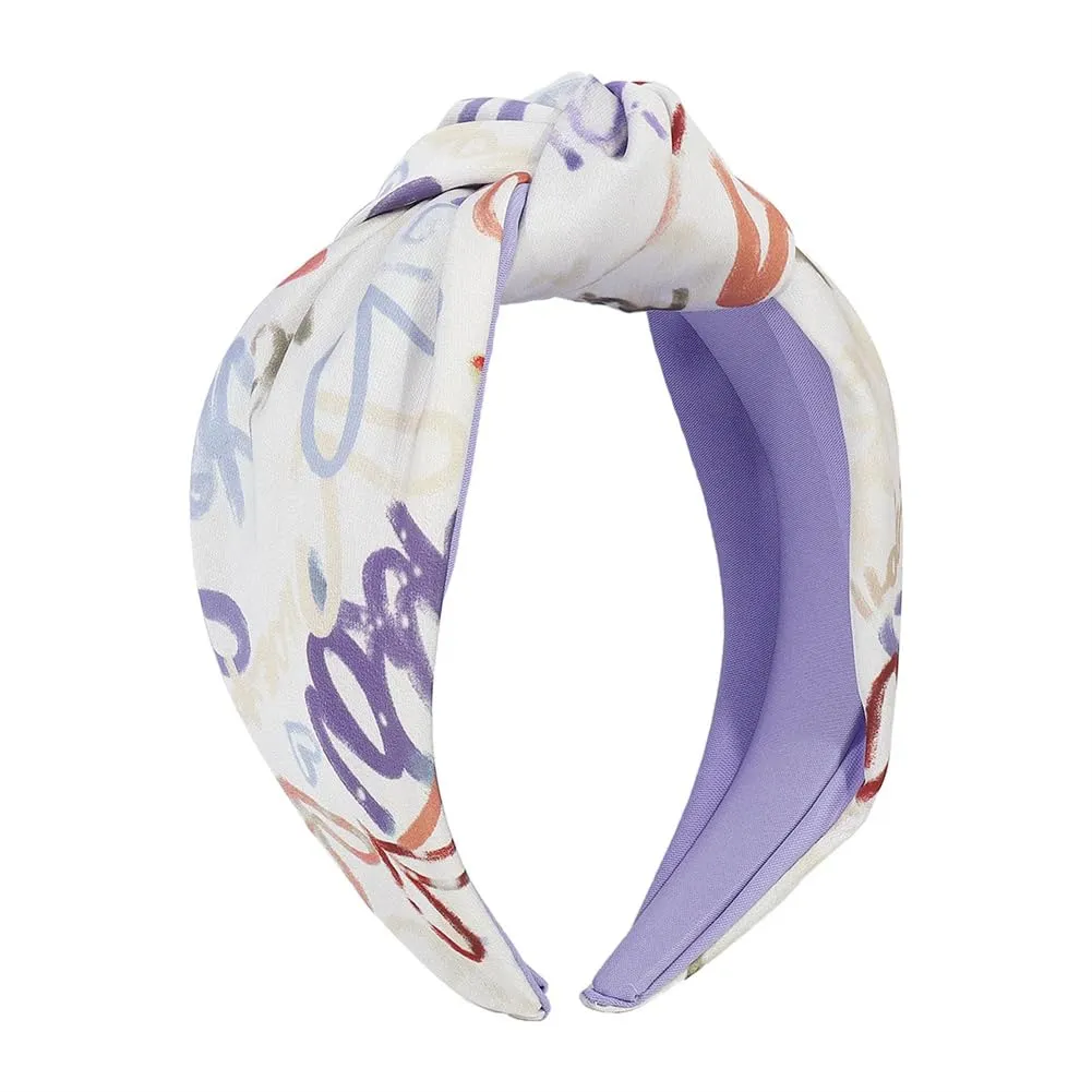 Womens Printing Wide Brim Headbands Color Contrast Fabric Knotted Headband Travel Party Hairband Purple