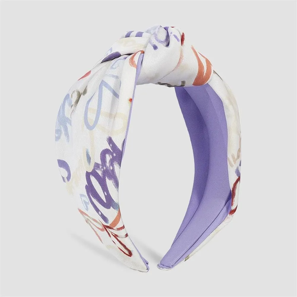 Womens Printing Wide Brim Headbands Color Contrast Fabric Knotted Headband Travel Party Hairband Purple