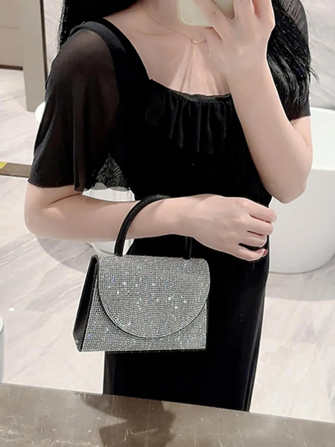 Women's Rhinestone Evening Bag Glitter Clutch Purses Crystal Pearl Party Handbags with Chain