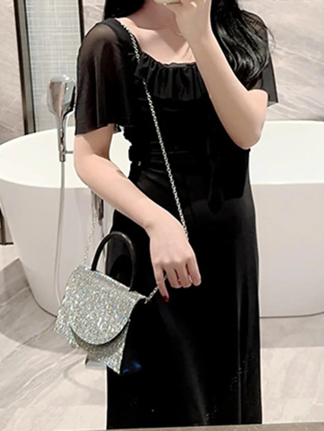 Women's Rhinestone Evening Bag Glitter Clutch Purses Crystal Pearl Party Handbags with Chain