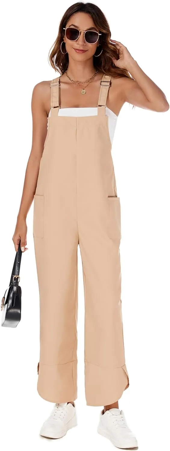 Womens Summer Casual Loose Bib Overalls Adjustable Wide Leg Rompers Jumpsuits with Pockets