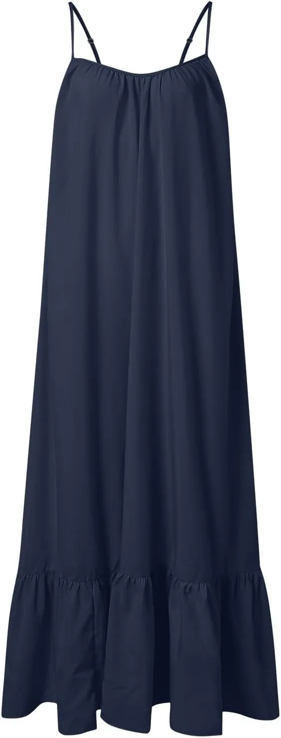 Women's Summer Casual Sleeveless Strappy Backless Maxi Dress Pleated Tiered Flowy Beach Vacation Long Dresses Sundress