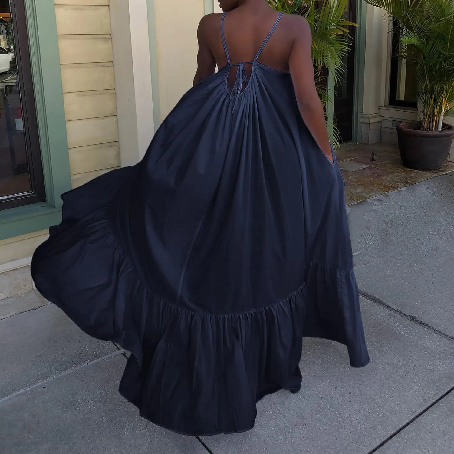 Women's Summer Casual Sleeveless Strappy Backless Maxi Dress Pleated Tiered Flowy Beach Vacation Long Dresses Sundress