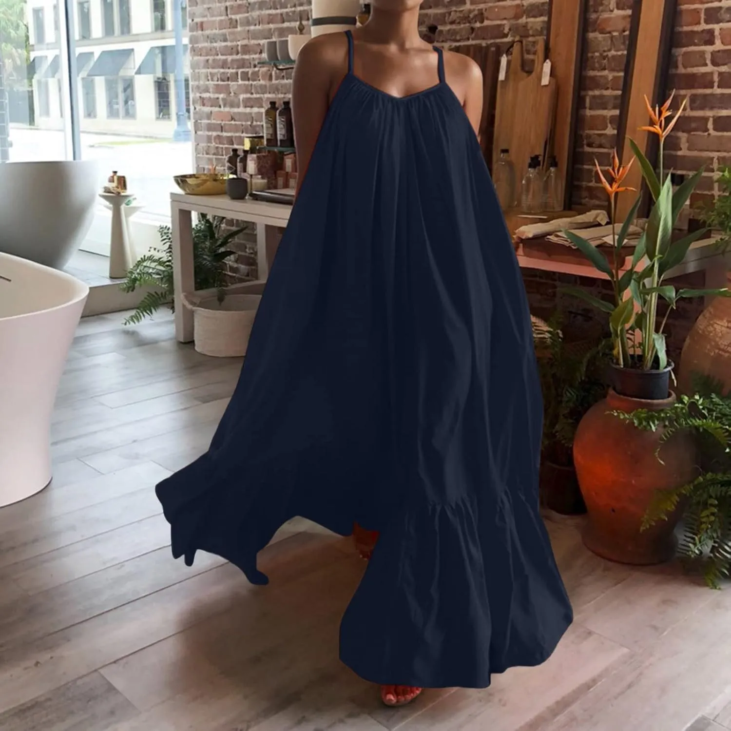 Women's Summer Casual Sleeveless Strappy Backless Maxi Dress Pleated Tiered Flowy Beach Vacation Long Dresses Sundress