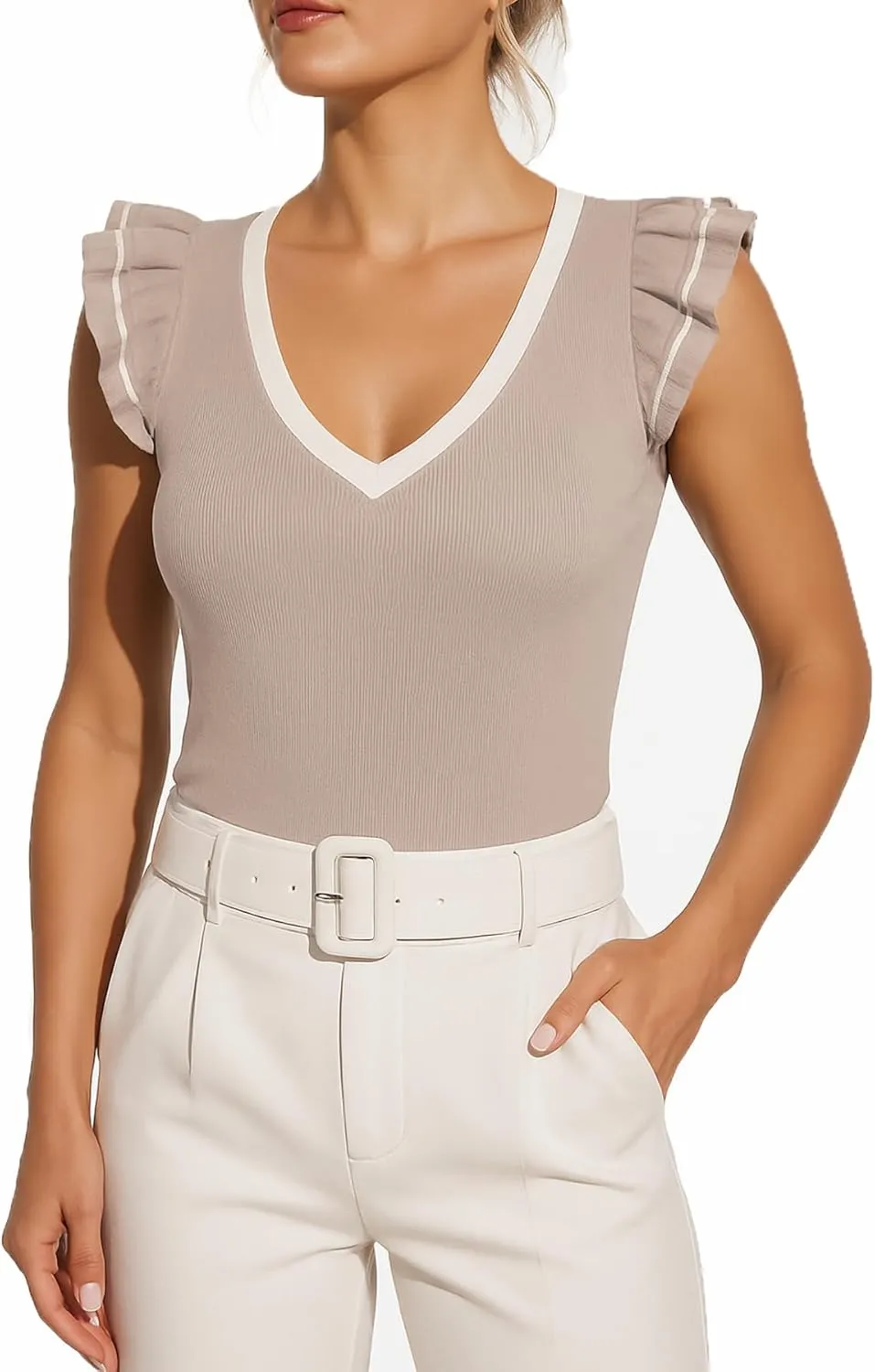 Women's Summer Tank Tops V Neck Ruffle Shirts Ribbed Knit Sweater Sexy Casual Blouse Ladies Fashion Clothes 2025