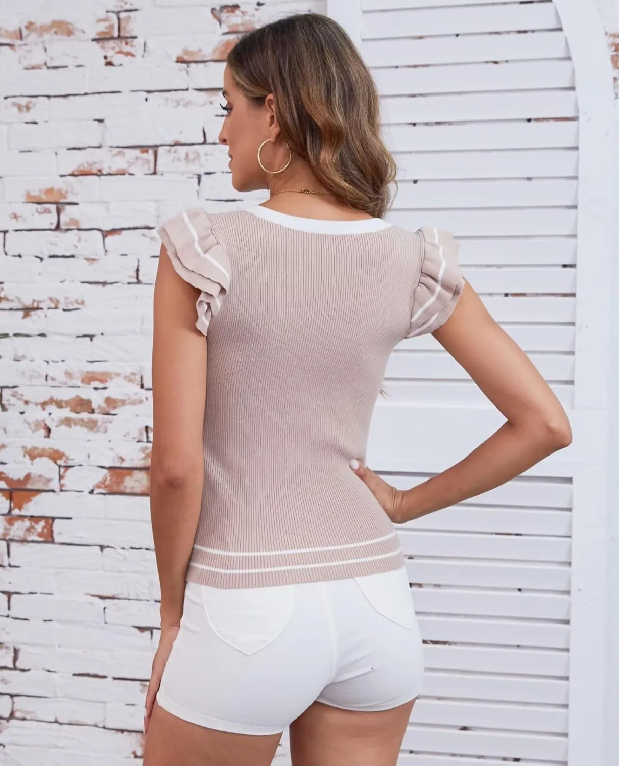 Women's Summer Tank Tops V Neck Ruffle Shirts Ribbed Knit Sweater Sexy Casual Blouse Ladies Fashion Clothes 2025
