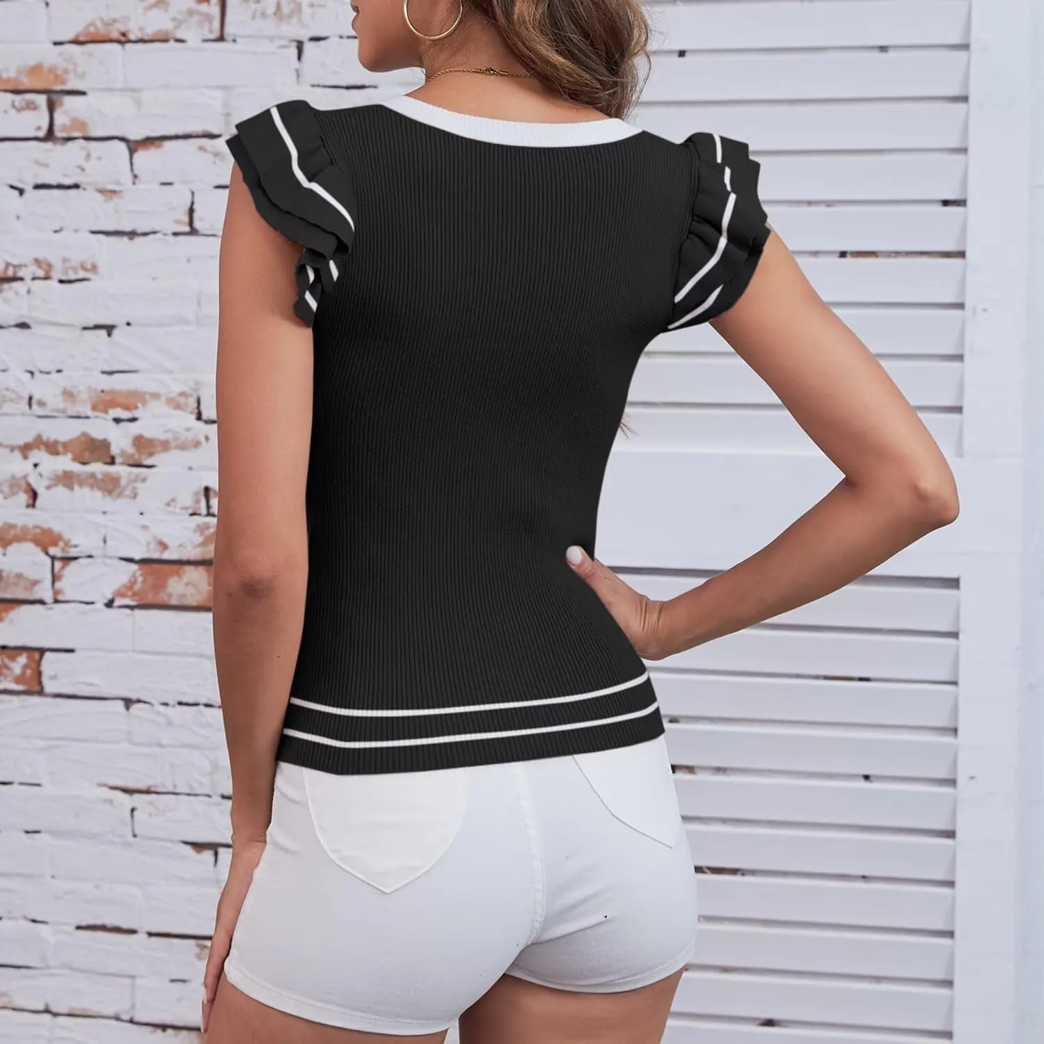 Women's Summer Tank Tops V Neck Ruffle Shirts Ribbed Knit Sweater Sexy Casual Blouse Ladies Fashion Clothes 2025