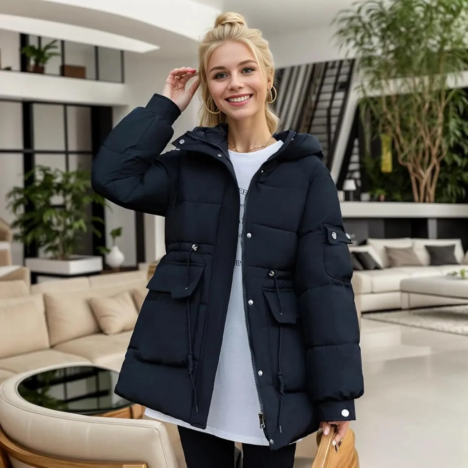 Women's Thickened Down Jacket Winter Hooded Mid-Length Puffy Packable Jacket Warm Puffer Down Coat Christmas Gifts