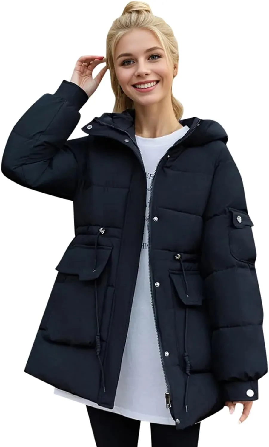 Women's Thickened Down Jacket Winter Hooded Mid-Length Puffy Packable Jacket Warm Puffer Down Coat Christmas Gifts