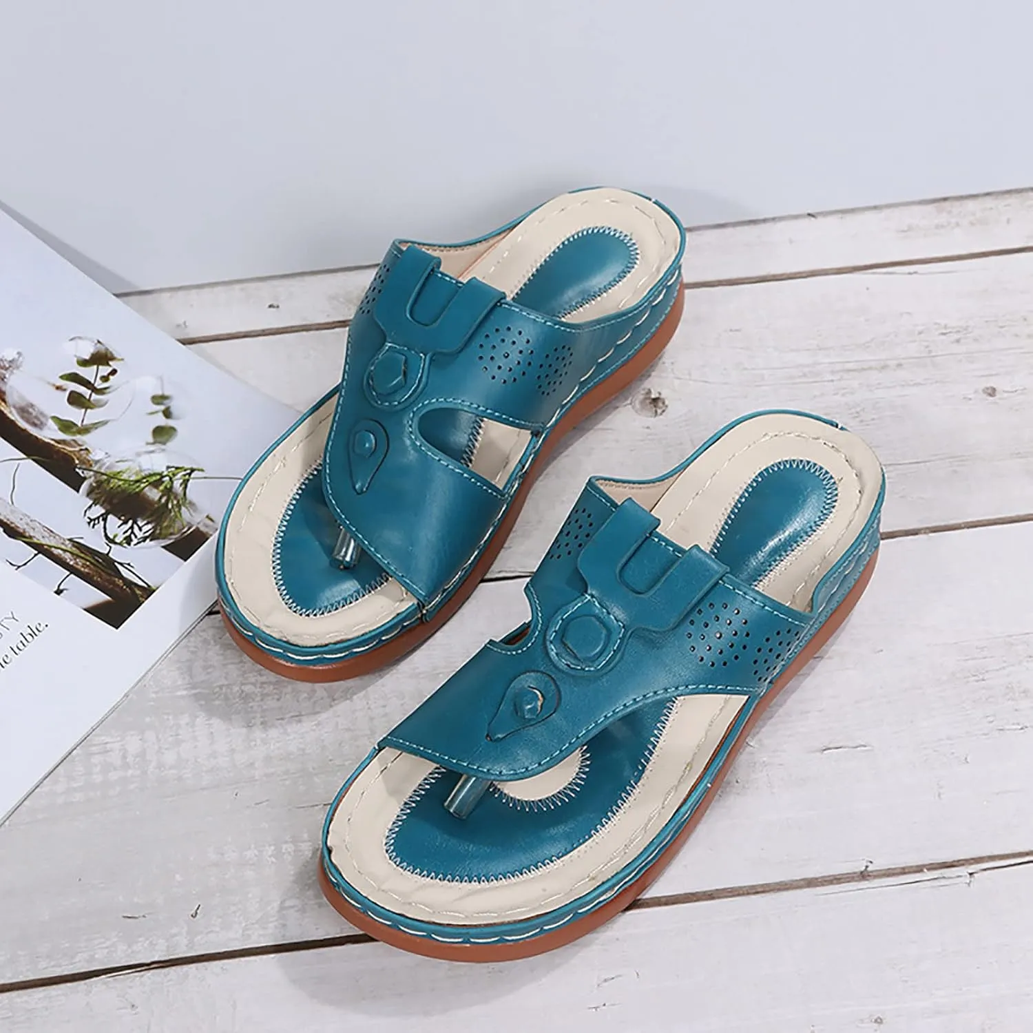 Womens Wedge Flip Flops Arch Support Casual Platform Thong Sandals Slip On Orthopedic Sandal with Cushion Footbed