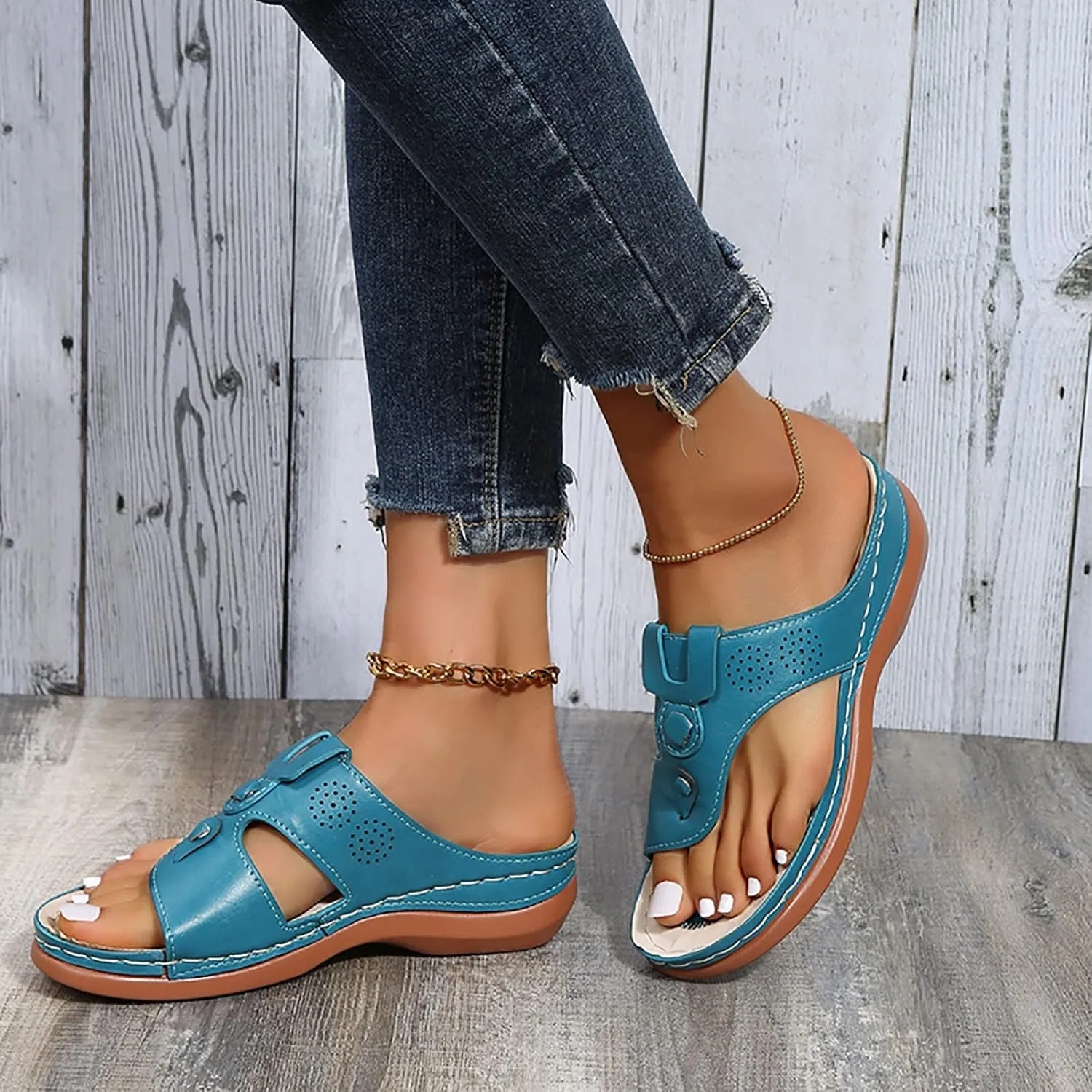 Womens Wedge Flip Flops Arch Support Casual Platform Thong Sandals Slip On Orthopedic Sandal with Cushion Footbed
