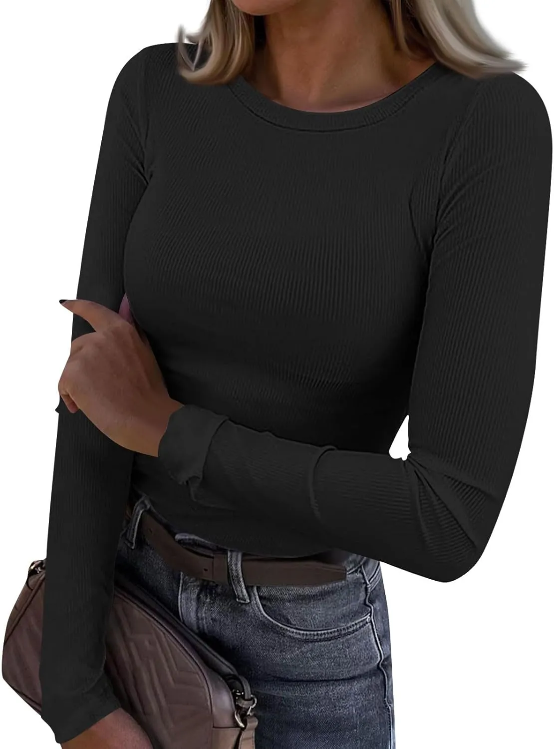 Womne's Ribbed Crew Neck Slim Fitted T Shirts Basic Solid Long Sleeve Layering Tee Tops Stretch Casual Tunic Tops