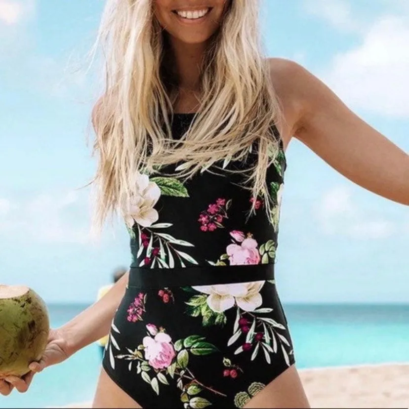 XS-XXL Ebony & Peony lace-up swimsuit - black  one-piece   pink floral peonies berries Spring 2024 pool lake beach resort vacation travel