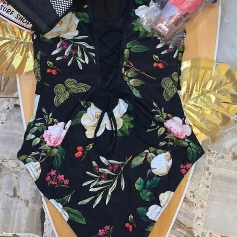 XS-XXL Ebony & Peony lace-up swimsuit - black  one-piece   pink floral peonies berries Spring 2024 pool lake beach resort vacation travel