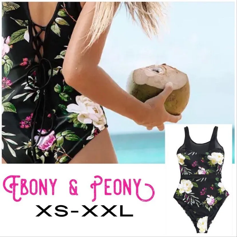 XS-XXL Ebony & Peony lace-up swimsuit - black  one-piece   pink floral peonies berries Spring 2024 pool lake beach resort vacation travel