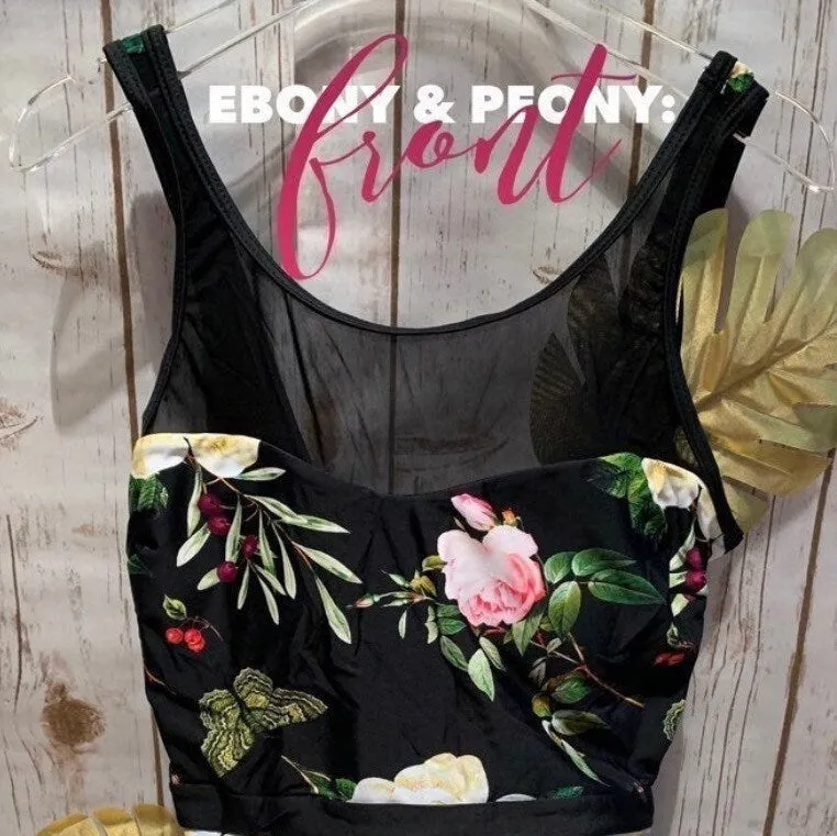 XS-XXL Ebony & Peony lace-up swimsuit - black  one-piece   pink floral peonies berries Spring 2024 pool lake beach resort vacation travel