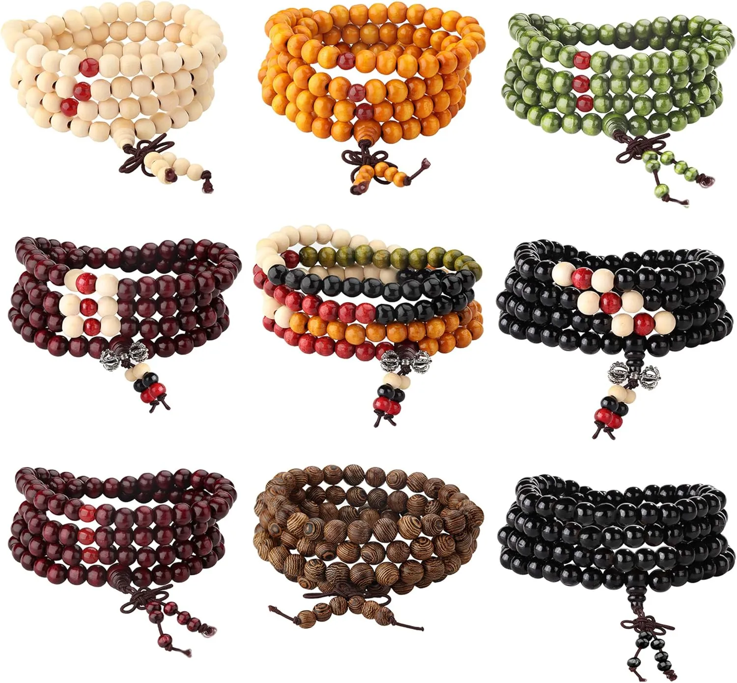Yadoca 9 Pcs Bead Bracelet For Men Women 108 Mala Beads Bracelets Sandalwood Link Wrist Necklace 8mm Wood Bracelet For Men