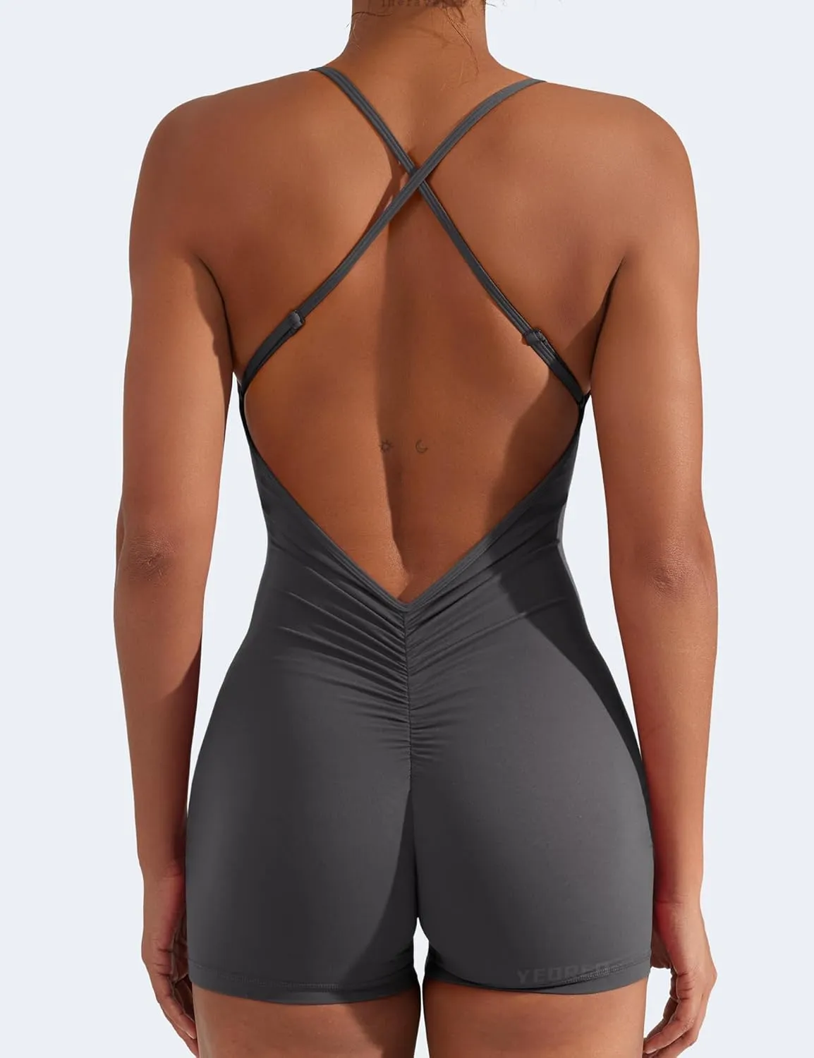 YEOREO Backless Tummy Control Jumpsuits for Women One Piece Workout Jumpsuits Sleeveless V Back Lizvette Scrunch Yoga Rompers