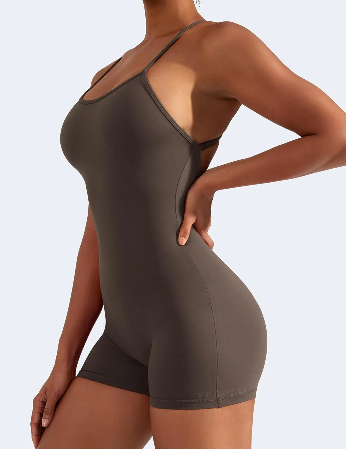 YEOREO Backless Tummy Control Jumpsuits for Women One Piece Workout Jumpsuits Sleeveless V Back Lizvette Scrunch Yoga Rompers