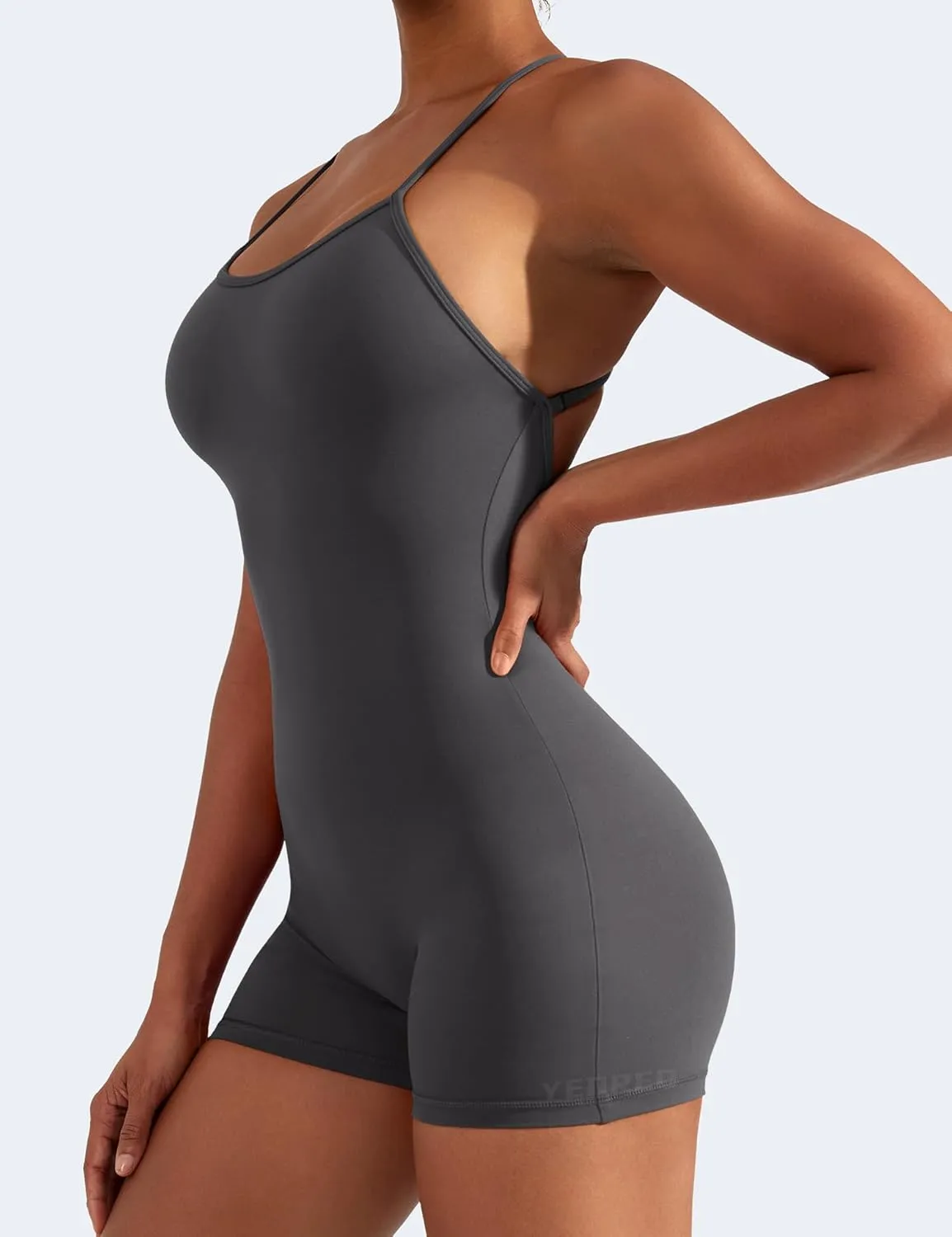 YEOREO Backless Tummy Control Jumpsuits for Women One Piece Workout Jumpsuits Sleeveless V Back Lizvette Scrunch Yoga Rompers