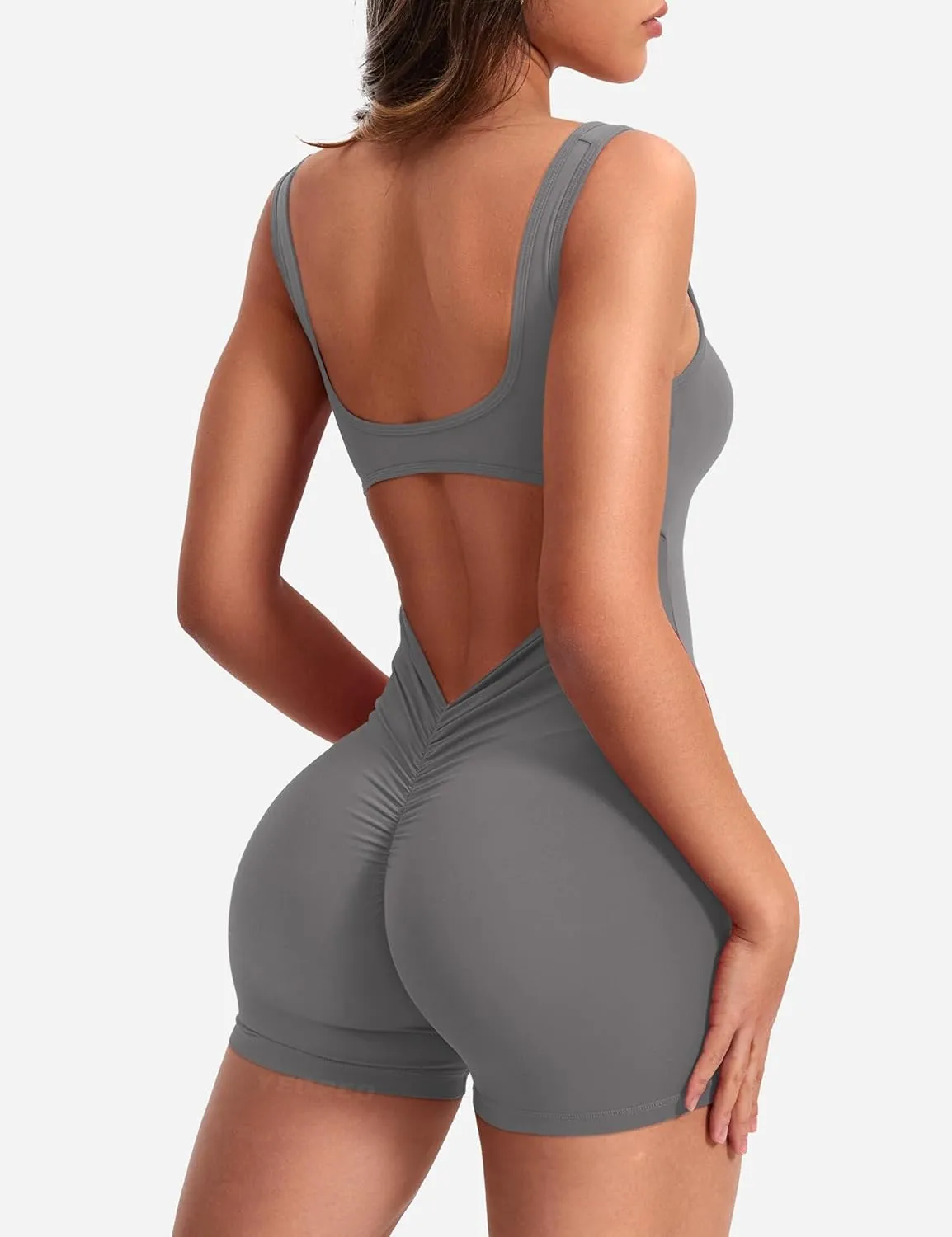 YEOREO One Piece Workout Jumpsuits for Women Backless Tummy Control Sleeveless Jumpsuits Lizvette V Back Scrunch Yoga Romper