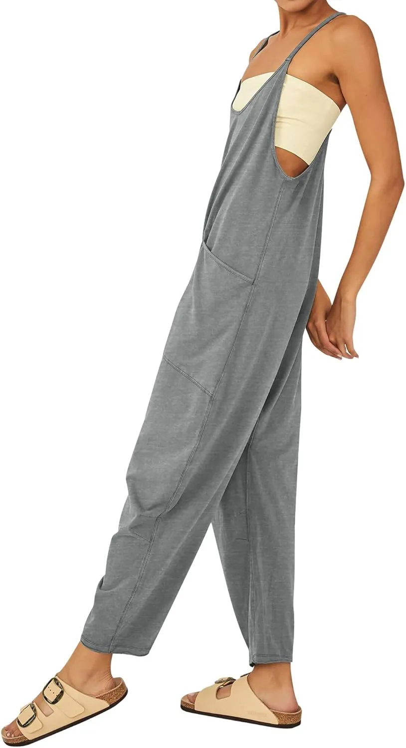 Ytfsrukp Womens Loose Casual V Neck Sleeveless Jumpsuits Adjustable Spaghetti Straps Harem Long Pants Overalls with Pockets
