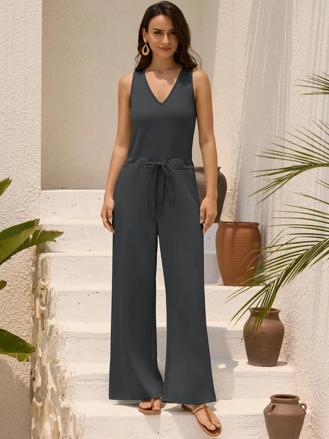 ZAFUL Womens Jumpsuits Summer 2025 Casual One Piece Outfits V Neck Sleeveless Wide Leg Long Pants Rompers with Pockets