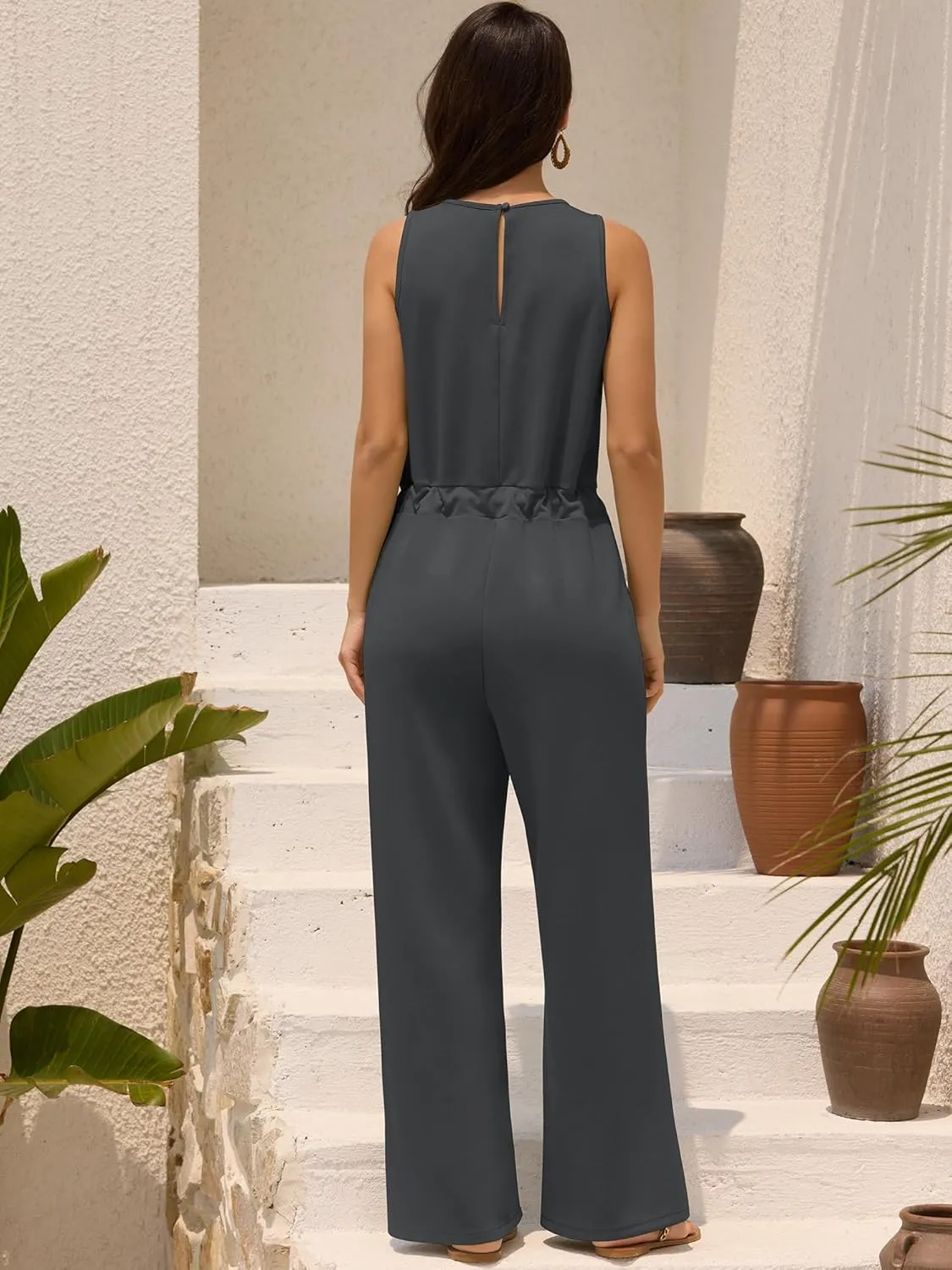 ZAFUL Womens Jumpsuits Summer 2025 Casual One Piece Outfits V Neck Sleeveless Wide Leg Long Pants Rompers with Pockets