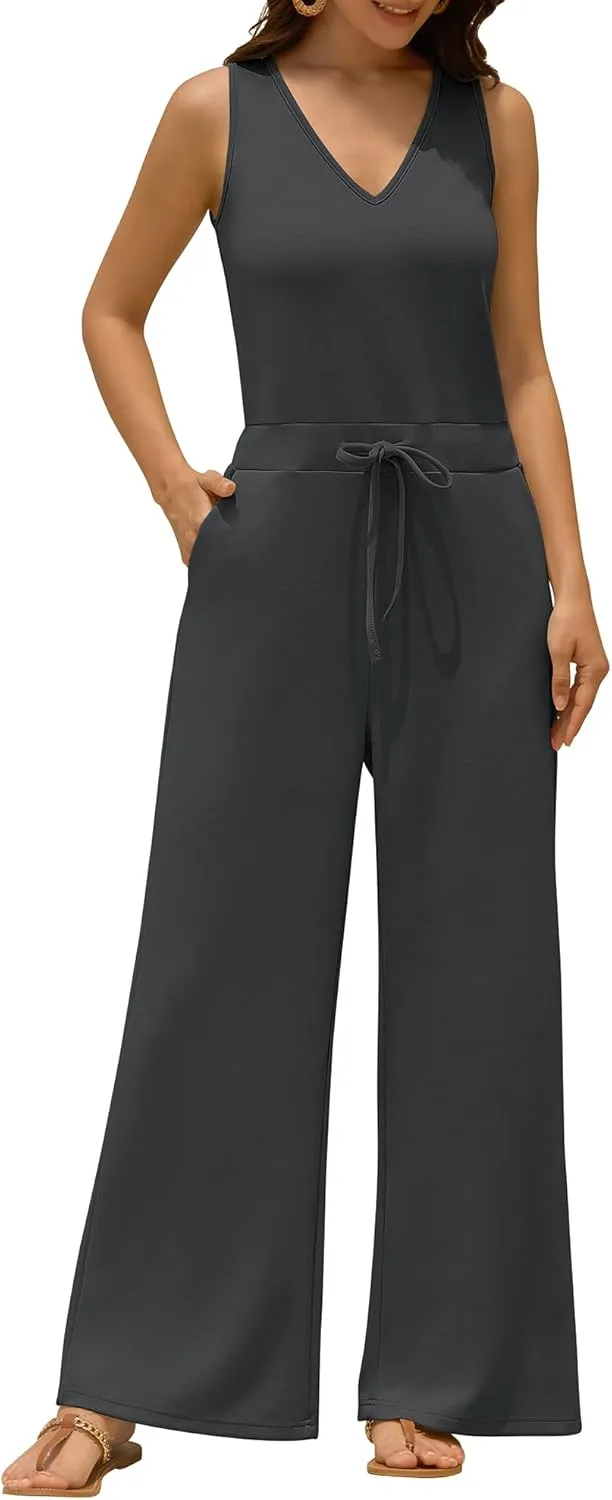 ZAFUL Womens Jumpsuits Summer 2025 Casual One Piece Outfits V Neck Sleeveless Wide Leg Long Pants Rompers with Pockets
