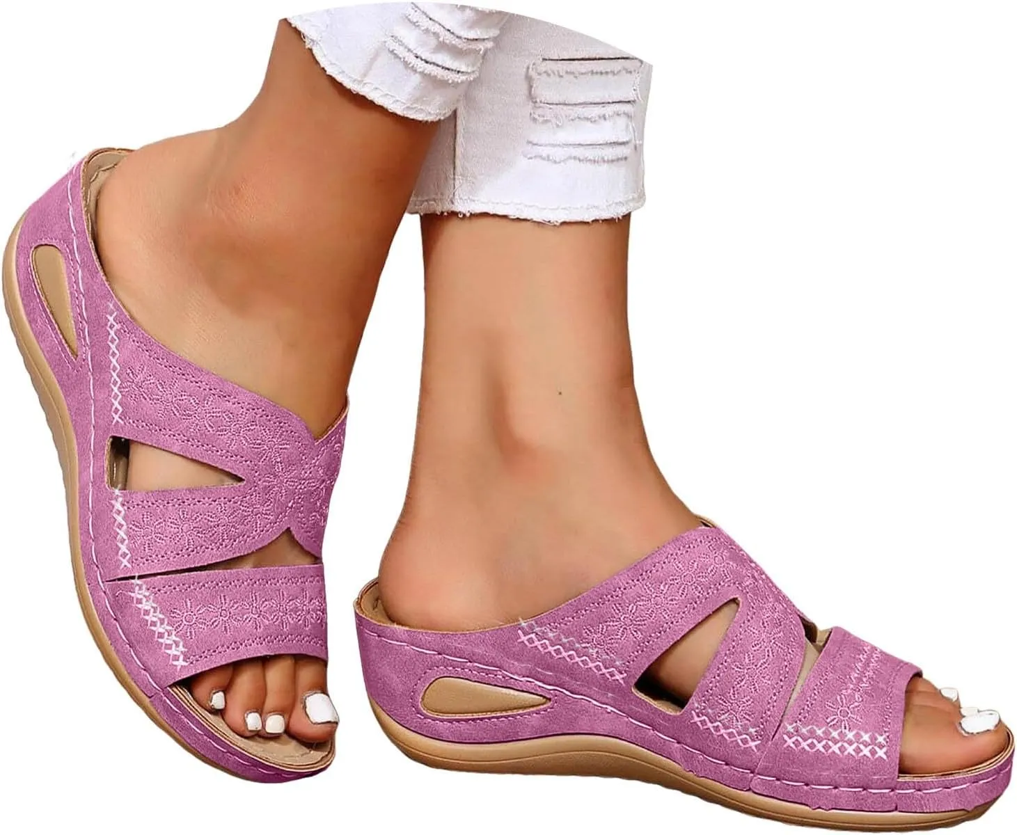 ZSpzx Sandals For Women 2025,Orthopedic Wedge Platform Sandals Comfortable Dressy Summer Hollow Out Open Toe Slippers Flat Casual Boho Slip on Beach Sandals Outdoor Walking Shoes for Travel