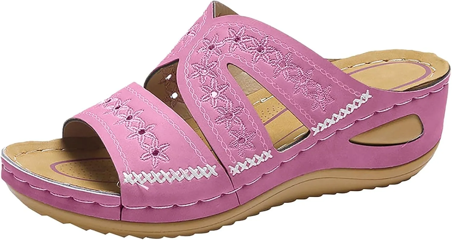 ZSpzx Sandals For Women 2025,Orthopedic Wedge Platform Sandals Comfortable Dressy Summer Hollow Out Open Toe Slippers Flat Casual Boho Slip on Beach Sandals Outdoor Walking Shoes for Travel